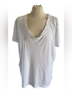 AYR White Cotton Relaxed Deep V-Neck Short Sleeve T-Shirt Size Large